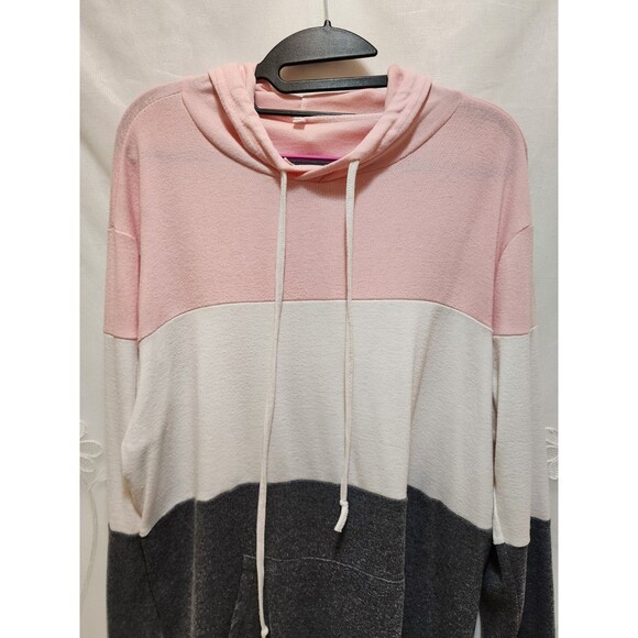 Womens XL Pink White Gray Sweater Hood Color Block Cozy Sporty Neapolitan Light - Picture 9 of 16